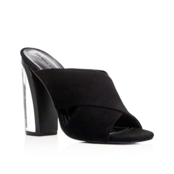 Kendall & Kylie Karmen Mules Heels Criss Cross Lucite Acrylic Clear Suede Black - Picture 2 of 16